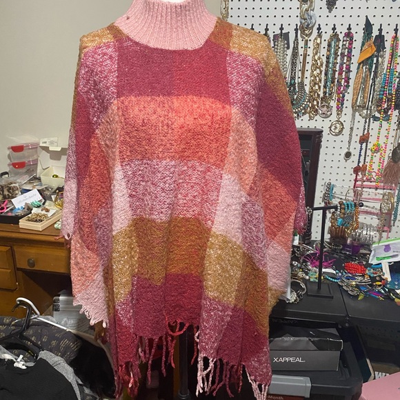 Multicolor Plaid Women's Sweater Poncho - Picture 1 of 1